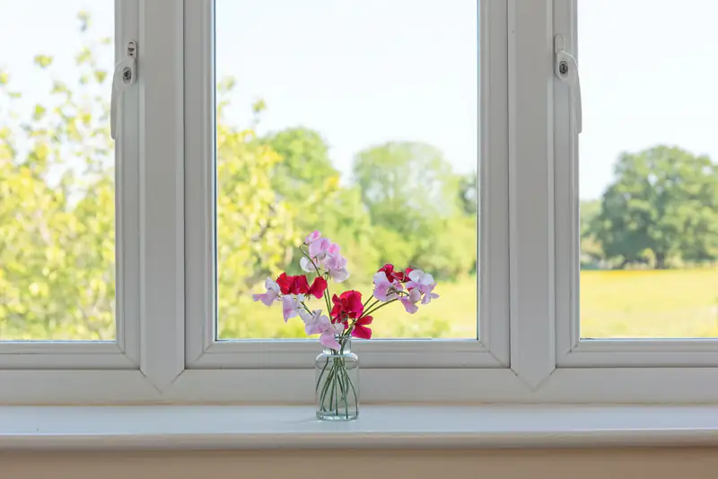 White uPVC windows with a vase of flowers on the sill, illustrating uPVC windows for homes in Heaton