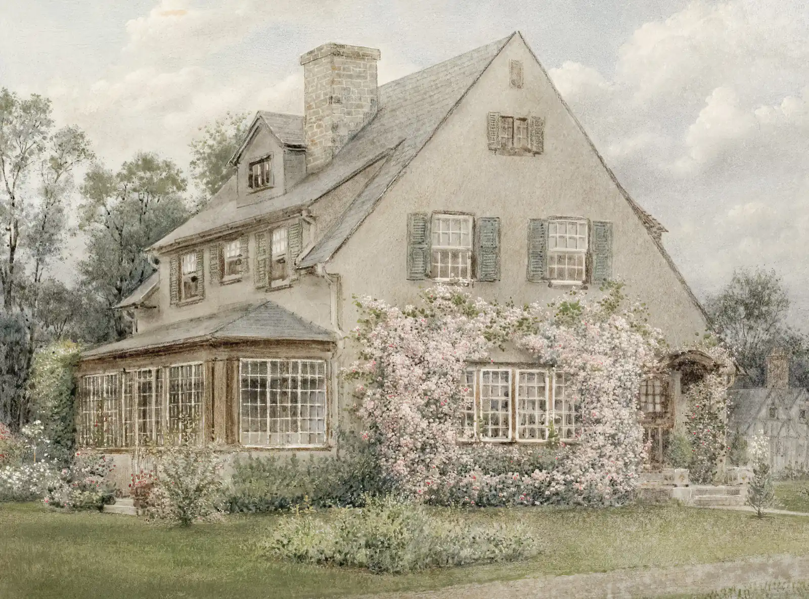 Windows and doors in Gosforth Stone house with bay windows behind a blossom tree, illustrating windows and doors for homes in Gosforth